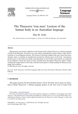 The Thaayorre 'True Man': Lexicon of the Human Body in an Australian