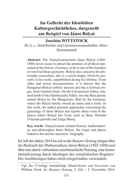 Im Geflecht Der Identitäten Kulturgeschichtliches, Dargestellt Am Beispiel Von János Bolyai Joachim WITTSTOCK Dr