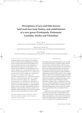 Descriptions of New and Little-Known Land Snail Taxa from Turkey, and Establishment of a New Genus (Gastropoda, Pulmonata: Lauriidae, Enidae and Vitrinidae)
