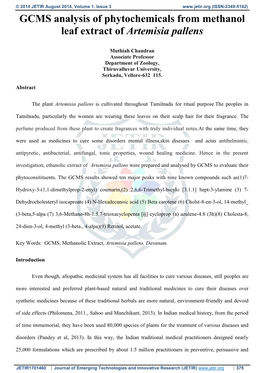 GCMS Analysis of Phytochemicals from Methanol Leaf Extract of Artemisia Pallens