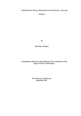 LINEAGES of VOCAL PEDAGOGY in AUSTRALIA, 1850-1950 Volume 2