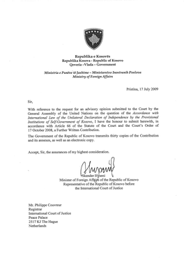 Written Response from the Representatives of Kosovo for The