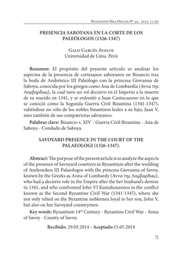 Presencia Saboyana En La Corte De Los Paleólogos (1326-1347)