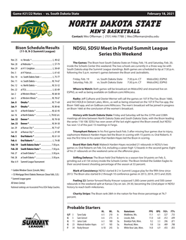 NORTH DAKOTA STATE Men's BASKETBALL Contact: Wes Offerman | (701) 446-7788 | Wes.Offerman@Ndsu.Edu