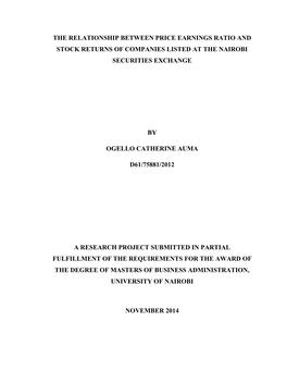 The Relationship Between Price Earnings Ratio and Stock Returns of Companies Listed at the Nairobi Securities Exchange