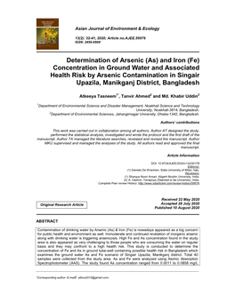 And Iron (Fe) Concentration in Ground Water and Associated Health Risk by Arsenic Contamination in Singair Upazila, Manikganj District, Bangladesh