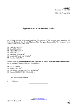 Appointments to the Court of Justice