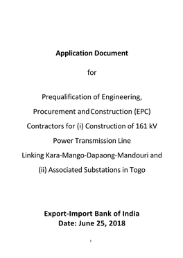 (EPC) Contractors for (I) Construction of 161 Kv Power Transmission Line Linking Kara-Mango-Dapaong-Mandouri and (Ii) Associated Substations in Togo