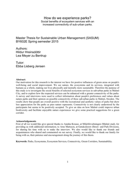 How Do We Experience Parks? Social Benefits of Ecosystem Services with an Increased Connectivity of Sub-Urban Parks