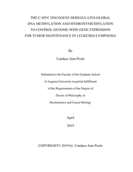 The C-Myc Oncogene Deregulates Global Dna Methylation and Hydroxymethylation to Control Genome-Wide Gene Expression for Tumor Maintenance in Leukemia/Lymphoma