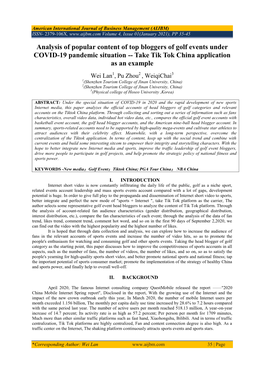 Analysis of Popular Content of Top Bloggers of Golf Events Under COVID-19 Pandemic Situation -- Take Tik Tok China Application As an Example