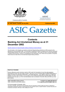 ASIC 30A/03, Tuesday, 29 July 2003 Published by ASIC