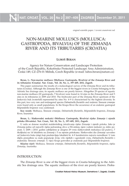 Mollusca: Gastropoda, Bivalvia) of the Zrmanja River and Its Tributaries (Croatia