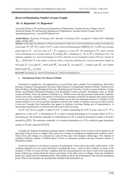 2166 Reserved Domination Number of Some Graphs Dr. G. Rajasekar1