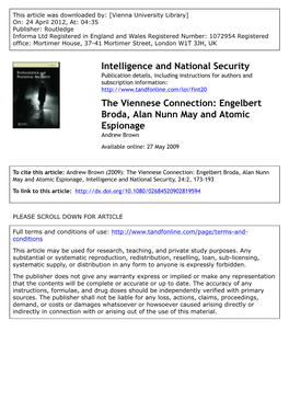 The Viennese Connection: Engelbert Broda, Alan Nunn May and Atomic Espionage Andrew Brown Available Online: 27 May 2009