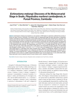 Echinostoma Mekongi: Discovery of Its Metacercarial Stage in Snails, Filopaludina Martensi Cambodjensis, in Pursat Province, Cambodia