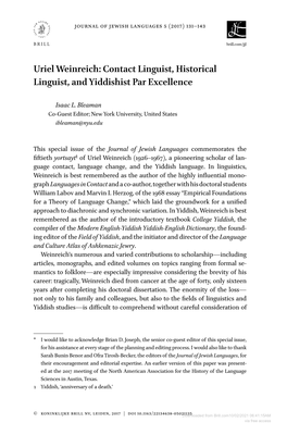 Uriel Weinreich: Contact Linguist, Historical Linguist, and Yiddishist Par Excellence