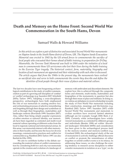Death and Memory on the Home Front: Second World War Commemoration in the South Hams, Devon