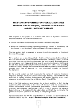 The Stance of Systemic Functional Linguistics Amongst Functional(Ist) Theories of Language and Its 'Systemic' Purpose