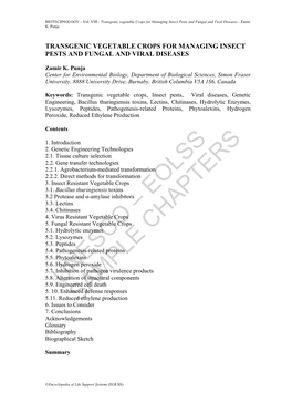 Transgenic Vegetable Crops for Managing Insect Pests and Fungal and Viral Diseases - Zamir K