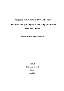 Religious Institutions and Urban Society the Nature of Lay