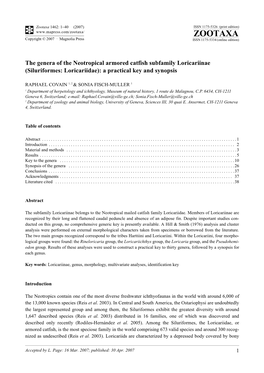 Zootaxa,The Genera of the Neotropical Armored Catfish Subfamily Loricariinae