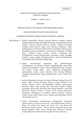 Peraturan Daerah Provinsi Daerah Khusus Ibukota Jakarta Nomor 1 Tahun 2014 Tentang Rencana Detail Tata Ruang Dan Peraturan Z