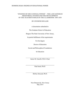 “Engines of Educational Power” – the Lancasterian Monitorial System and the Development of the Teacher’S Roles in the Classroom: 1805-1838