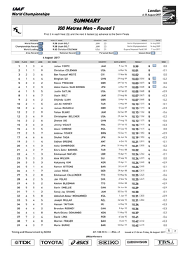 SUMMARY 100 Metres Men - Round 1 First 3 in Each Heat (Q) and the Next 6 Fastest (Q) Advance to the Semi-Finals