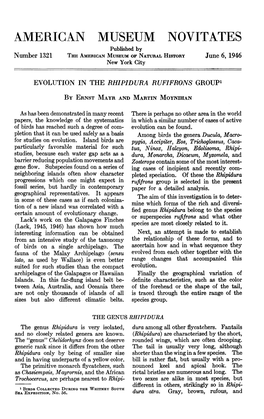 AMERICAN MUSEUM NOVITATES Published by Number 1321 the AMERICAN MUSEUM of NATURAL HISTORY June 6, 1946 New York City