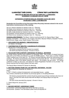 Minutes of Meeting Held in the Town Hall, Llandovery on Monday 18 January 2010 at 7.00Pm