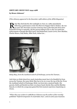 OBITUARY: RICKY MAY 1944-1988 by Bruce Johnson* ______[This Obituary Appeared in the December 1988 Edition of the APRA Magazine]