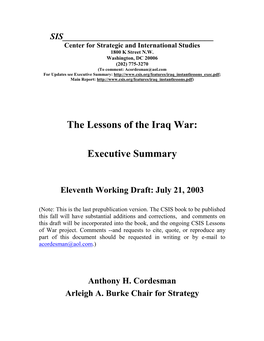 The Lessons of the Iraq War: Executive Summary
