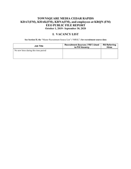 TOWNSQUARE MEDIA CEDAR RAPIDS KDAT(FM), KHAK(FM), KRNA(FM), and Employees at KRQN (FM) EEO PUBLIC FILE REPORT October 1, 2019– September 30, 2020