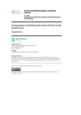 South Asia Multidisciplinary Academic Journal, 12 | 2015 Kristapurāṇa: Translating the Name of God in Early Modern Goa 2