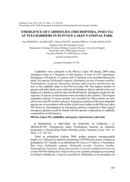 Emergence of Caddisflies (Trichoptera, Insecta) at Tufa Barriers in Plitvice Lakes National Park