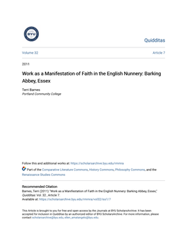 Work As a Manifestation of Faith in the English Nunnery: Barking Abbey, Essex