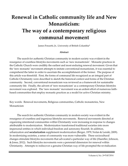 Renewal in Catholic Community Life and New Monasticism: the Way of a Contemporary Religious