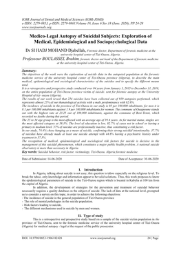 Medico-Legal Autopsy of Suicidal Subjects: Exploration of Medical, Epidemiological and Sociopsychological Data