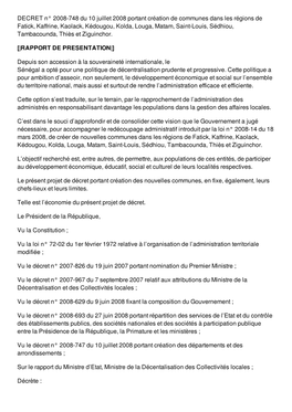DECRET N° 2008-748 Du 10 Juillet 2008 Portant Création De Communes Dans Les Régions De Fatick, Kaffrine, Kaolack, Kédougou