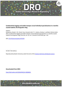 Combined Bio-Logging and Stable Isotopes Reveal Individual Specialisations in a Benthic Coastal Seabird, the Kerguelen Shag