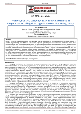 Women, Politics, Language Shift and Maintenance in Kenya: Case of Lullogoli in Diglossic Uriri Sub-County, Kenya