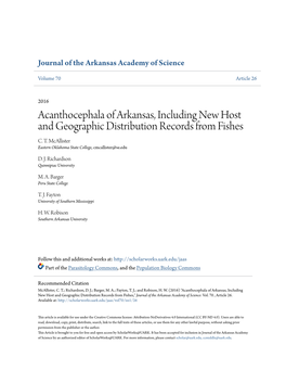 Acanthocephala of Arkansas, Including New Host and Geographic Distribution Records from Fishes C