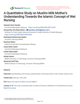 A Quantitative Study on Muslim Milk Mother's Understanding Towards the Islamic Concept of Wet Nursing