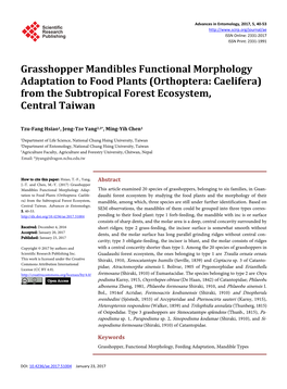 Grasshopper Mandibles Functional Morphology Adaptation to Food Plants (Orthoptera: Caelifera) from the Subtropical Forest Ecosystem, Central Taiwan