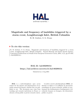 Magnitude and Frequency of Landslides Triggered by a Storm Event, Loughborough Inlet, British Columbia R