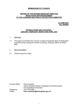 Birmingham City Council Report of the Interim Assistant Director Regulation and Enforcement to the Licensing and Public Protec