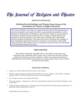 Published by the Religion and Theatre Focus Group of the Association for Theatre in Higher Education