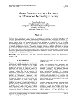 Game Development As a Pathway to Information Technology Literacy