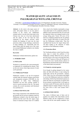 Water Quality Analysis in Pallikaranai Wetland, Chennai